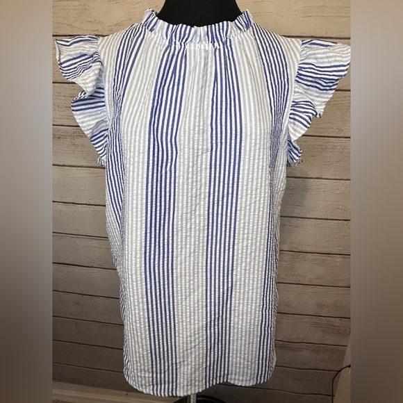 Blue and White Flutter Sleeve Top with Ruffled Style Size Large, Summer Blouse - Picture 1 of 4